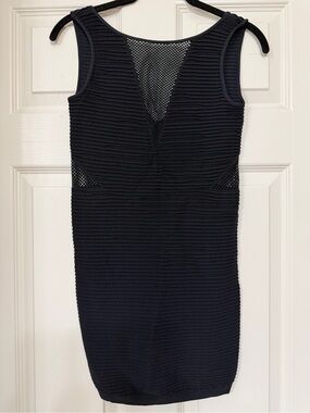 bebe Black Sleeveless Textured Mini Dress with Mesh Insets